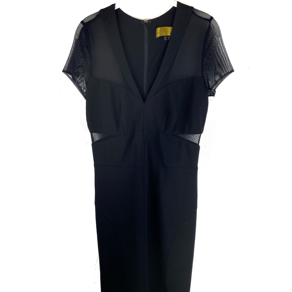 Nicole Miller Black Dress V Neck Mesh Cut Out Bodycon Size 8 Formal